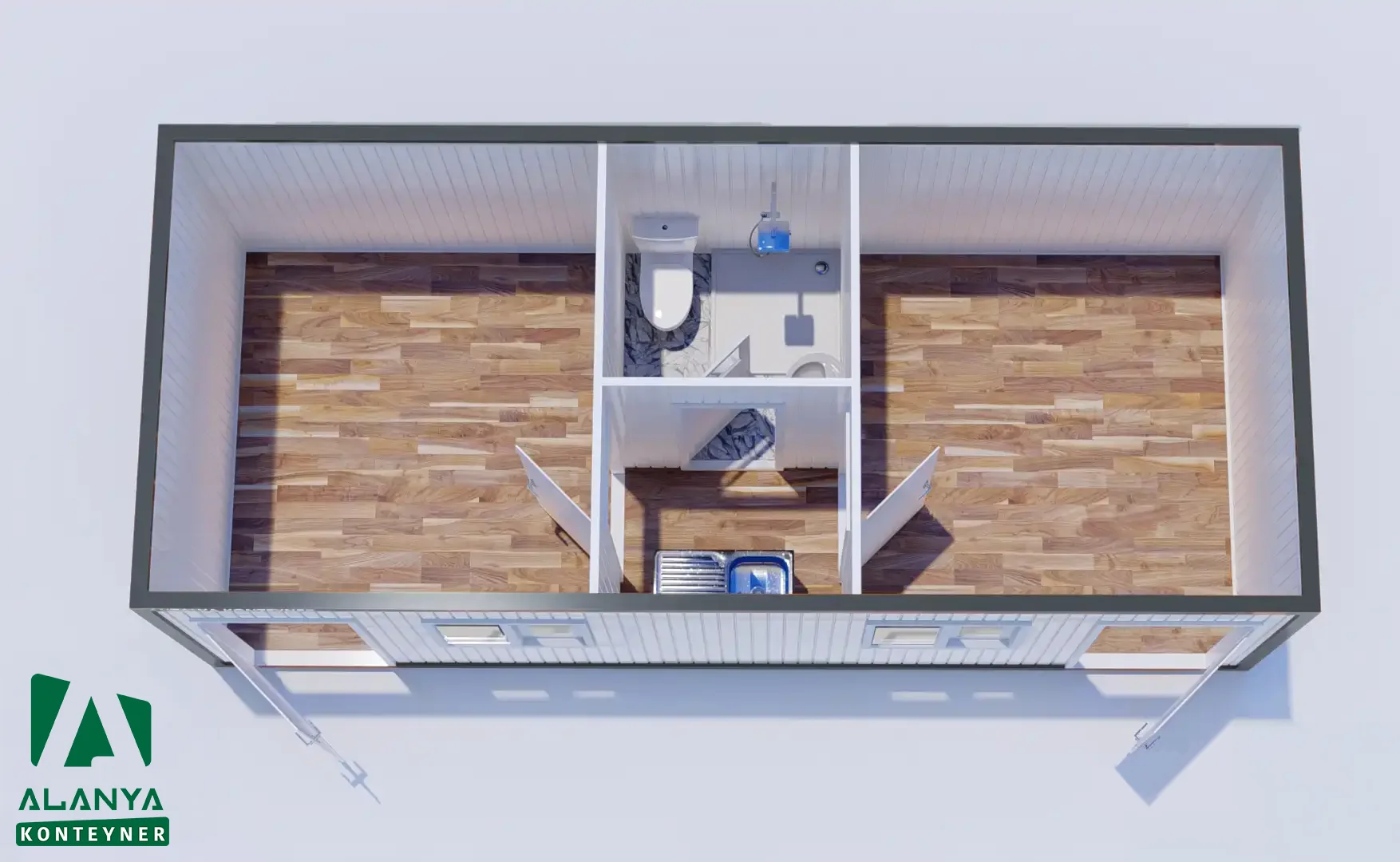 300×700 K305 Zweiraum-Container mit zwei Eingängen, WC, Dusche und Küche