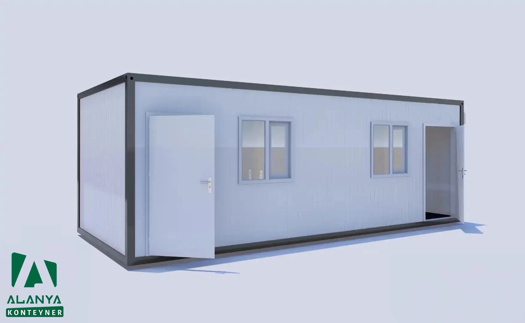 300×700 K305 Zweiraum-Container mit zwei Eingängen, WC, Dusche und Küche – Bild 2