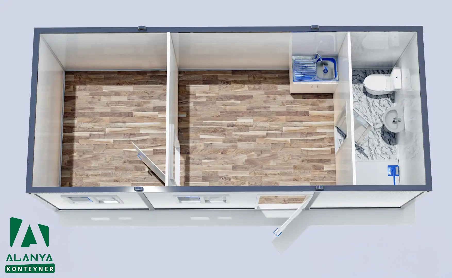 300×700 K310 Zweiraum-Container mit Dach, WC, Dusche und Küche