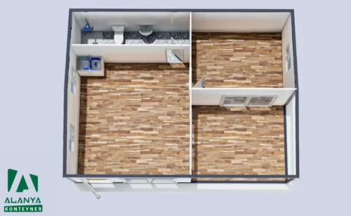 600x700 Balkonlu Birleşimli Konteyner 1+1 Wc-Duş-Mutfak - Alanya Konteyner