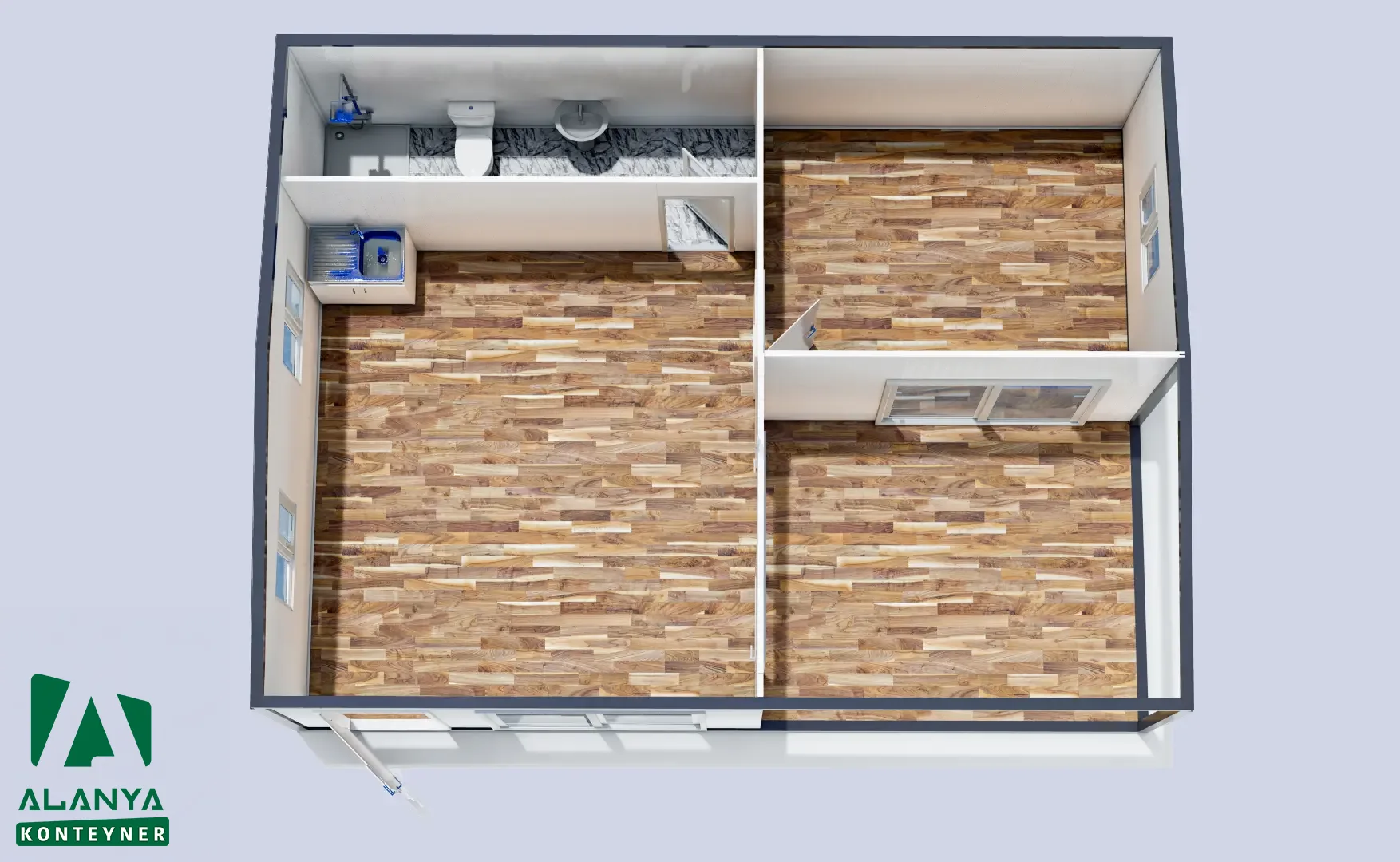 600x700 Balkonlu Birleşimli Konteyner 1+1 Wc-Duş-Mutfak - Alanya Konteyner